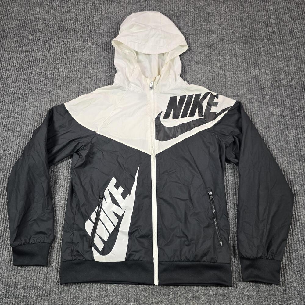 Nike Jacket Youth Large Black White Windrunner Hooded Full Zip Colorblock Logo